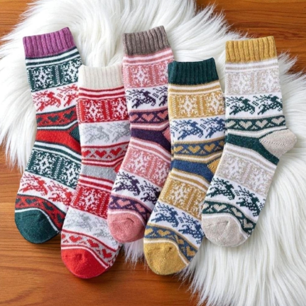 5 Pair Colorful Nordic Fair Isle Reindeer Thickened Wool Blend Warm Socks